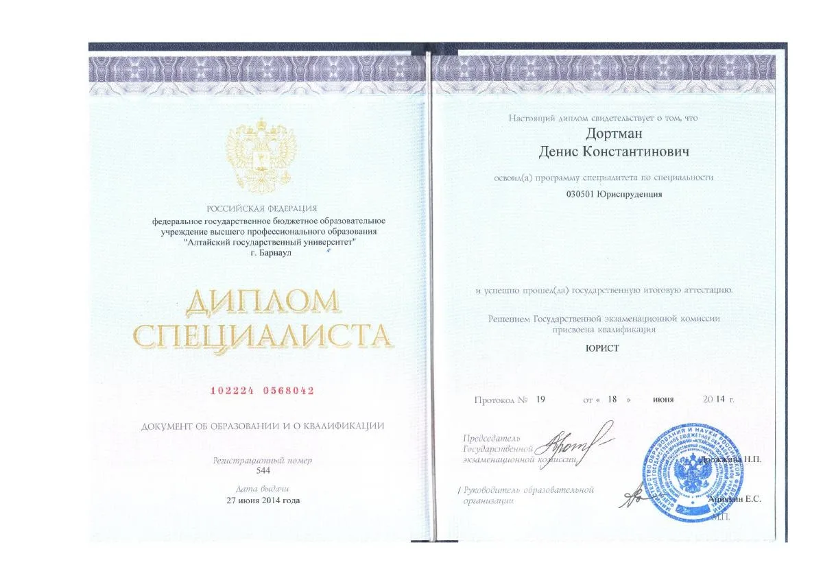 Документ о квалификации — Дортман Денис Константинович