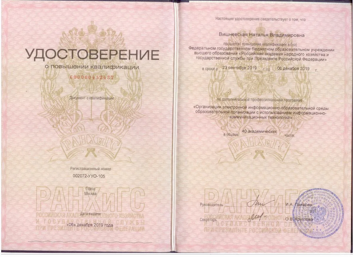 Документ о квалификации — Вишневская Наталья Владимировна