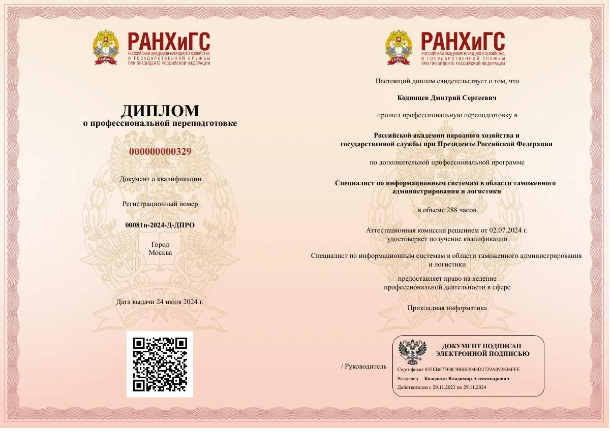 Документ о квалификации — Кодинцев Дмитрий Сергеевич